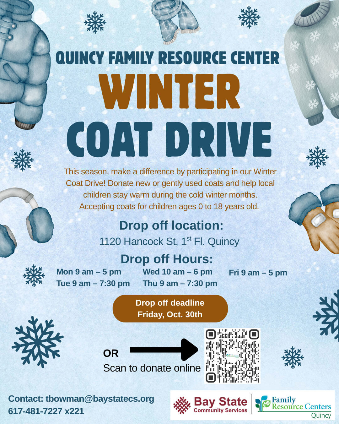 Quincy Family Resource Center Winter Coat Drive flyer